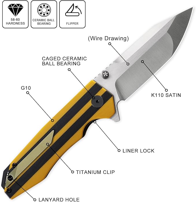 Petrified fish PFP08 Mocado Pocket Knife,3.58" K110 Steel Satin Blade, 5.64oz G10 Handle Flipper Liner lock Folding knife (Yellow Satin)