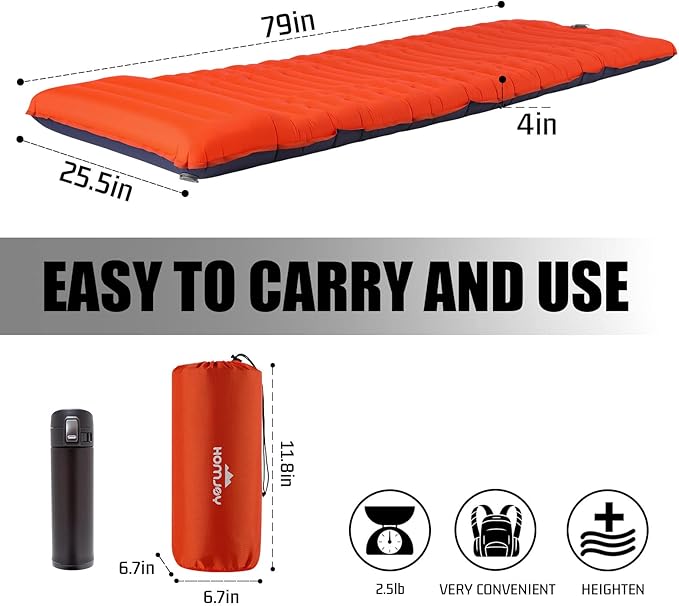 Megior Camping Sleeping Pad, Extra Thickness 4 Inch Inflatable Sleeping Mat Lightweight Waterproof Camping with Built-in Pump Air Mattress for Backpacking, Hiking, Tent, Traveling, Orange