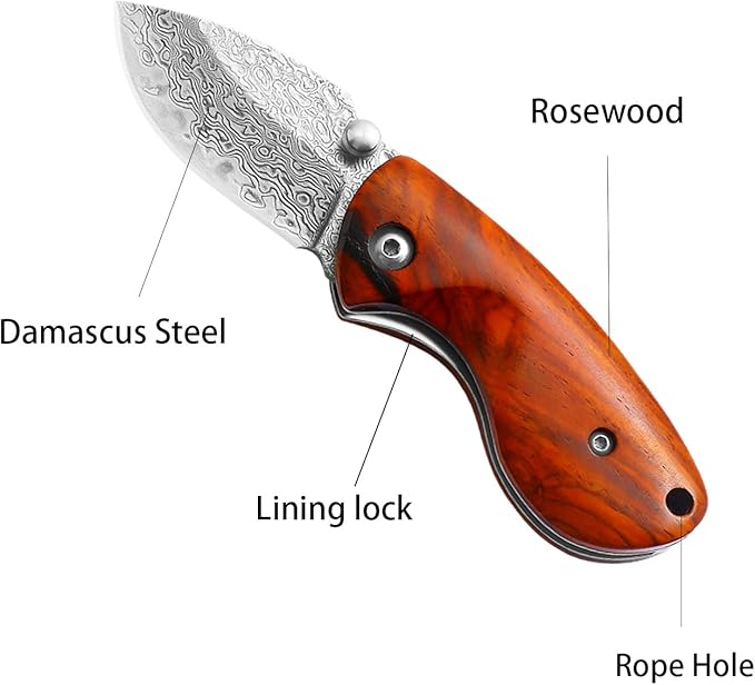 Small Folding Pocket Knife (KF1), 1.77 Inch Damascus Steel Blade with Thumb Stud. EDC Knife with Rosewood Handle and Liner Lock, 2.39 oz, Red