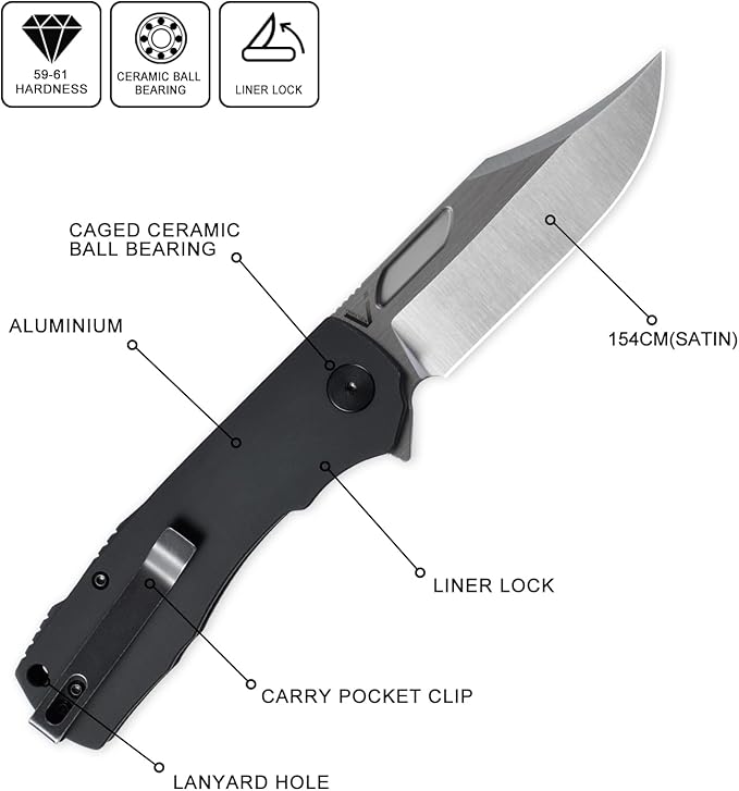 Petrified fish PFP03 Victor,3.58" 154CM Steel Satin Blade,4.8oz Aluminium Handle Flipper Liner Lock Folding knife (Black - A Satin)