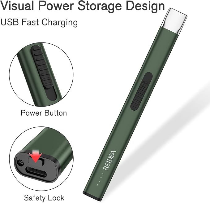 REIDEA Lighters 2 Pack R1 Flat Electronic Candle Lighter, Windproof Flameless USB Rechargeable Arc Lighter with Safe Button and Power Indicator for Candle, BBQ and Fireworks, Pine Green