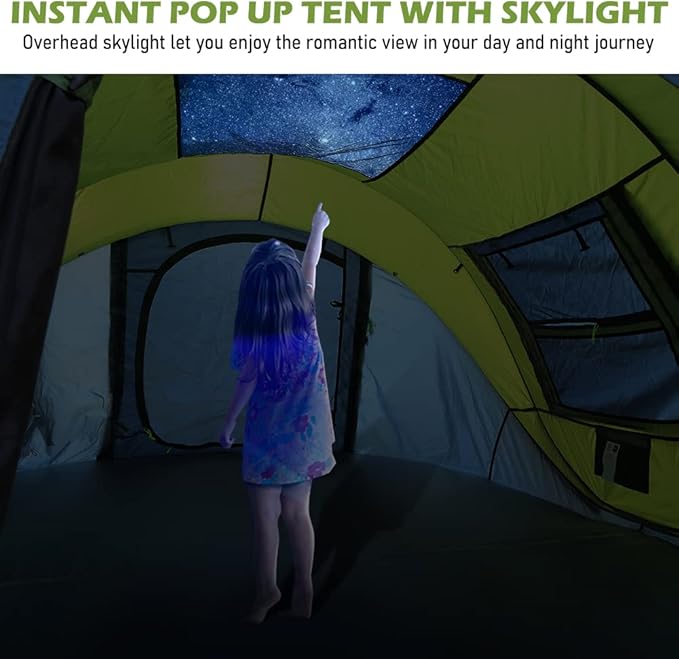 Pop Up Tent, HIKERBRO 4 Person Instant Tent with Skylight, Waterproof Instant Pop Up Tent with Rainfly, Easy Setup Camping Tents, 2 Doors & Windows, 4 Men Automatic Family Tent for Hiking, Traveling