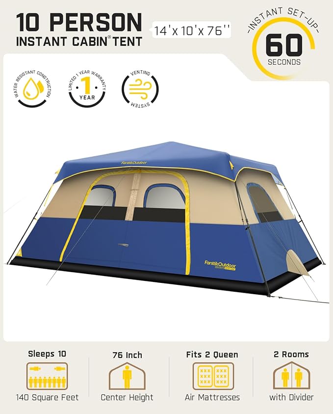 FanttikOutdoor Camping Tent 4/6/8/10 Person Instant Cabin Tent Setup in 60 Seconds with Rainfly & Windproof Portable with Carry Bag for Family Camping & Hiking, Upgraded Ventilation