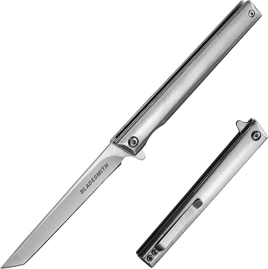 BLADESMITH Pocket Folding Knife, Gentlemen`s Slim EDC Knife, 3.5" 5Cr15Mov Steel Blade, Fully Silver Ti-coated Stainless Steel handle, with Leather Sheath
