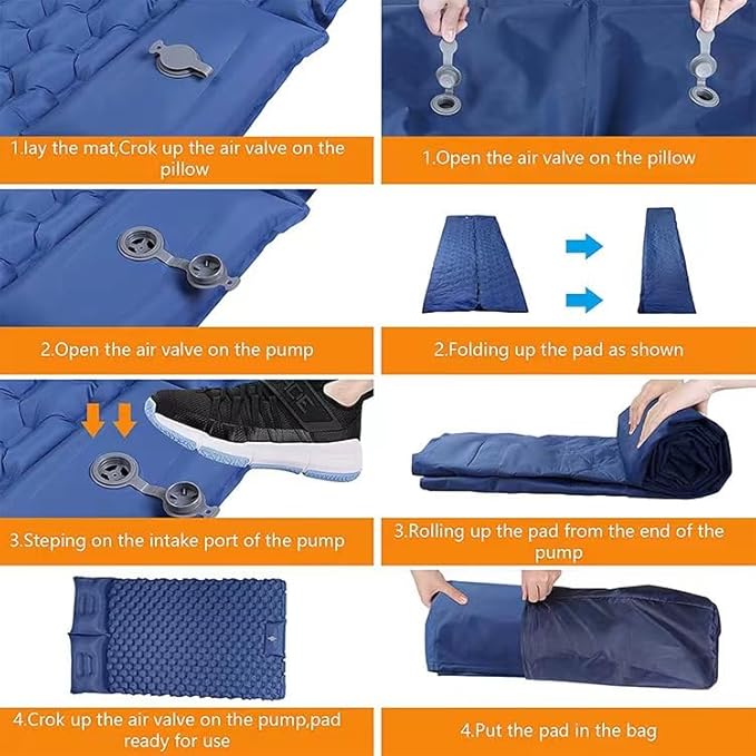Double Sleeping Pad for Camping, Self-Inflating Sleeping Mat with Built-in Foot Pump, Air Mattress with Pillows, Foldable Camping Sleeping Pad for Hiking, Backpacking, Traveling (Blue)