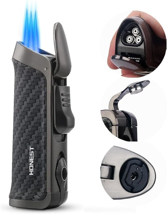 HONEST Triple Jet Torch Lighter Built-in Punch Visible Gas Window Refillable Gas Adjustable Flame Intensity Pocket Lighter Gift for Men BBQ Kitchen Fireplace Candle (Carbon Wrap)
