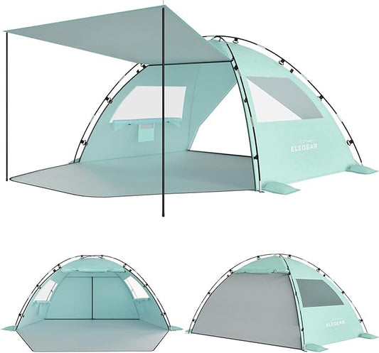 Elegear Beach Tent Sun Shelter with Canopy, 4-5 Person Pop Up Beach Tent, Easy Setup UPF 50+ UV Protection Portable Lightweight Double Silver Coating Cabana Sun Shade Shelter - Green