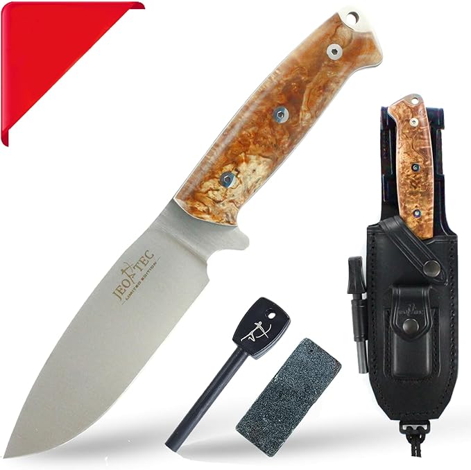 JEO-TEC Nº1 Bushcraft Survival Full Tang Fixed Blade Outdoor Camping Utility Hunting Knife In Leather Sheath Horizontal Vertical Carry Sheath | BÖHLER N690C Steel Fire Starter Scraper