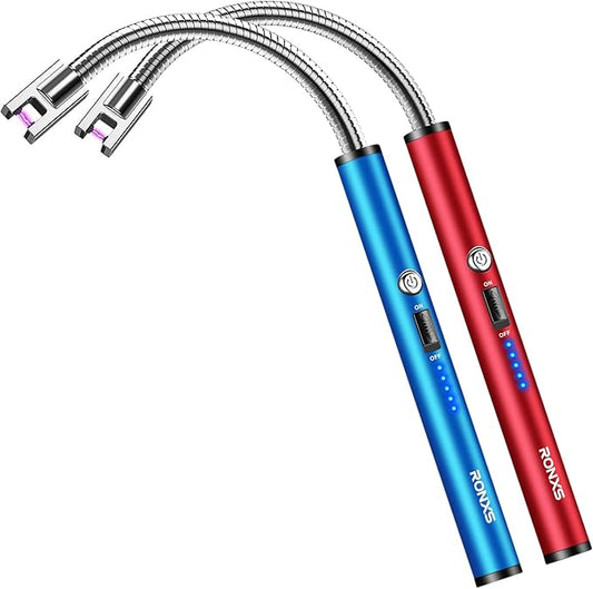 RONXS Lighter Electric Lighter Rechargeable Arc Type C Candle Lighters with LED Battery Display, Flexible Neck Windproof Flameless Plasma Long Lighters for Candle BBQ Camping (M-Red&Blue)