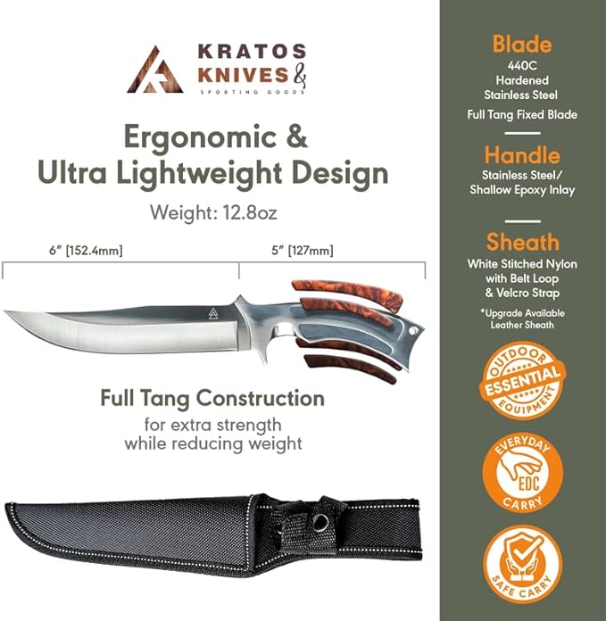 KRATOS Hunting Knife with Nylon Sheath, 10" Fixed Blade Full Tang Knife with 440C Hardened Stainless Steel & Solid Metal Handle for Bushcraft ZF2