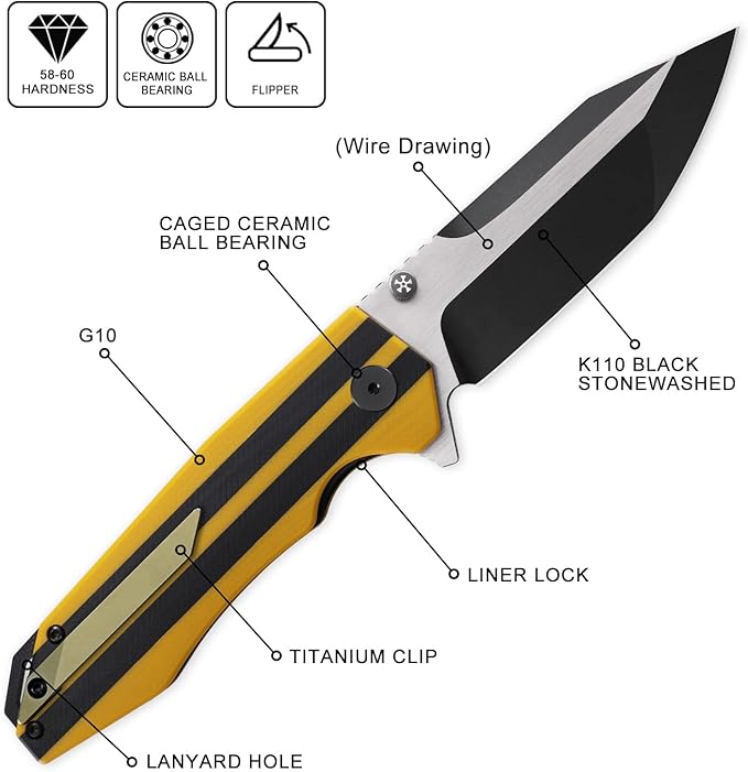 Petrified fish PFP08 Mocado Pocket Knife,3.58" K110 Steel Black Stonewashed Blade, 5.64oz G10 Handle Flipper Liner lock Folding knife (Yellow Black Stonewashed)