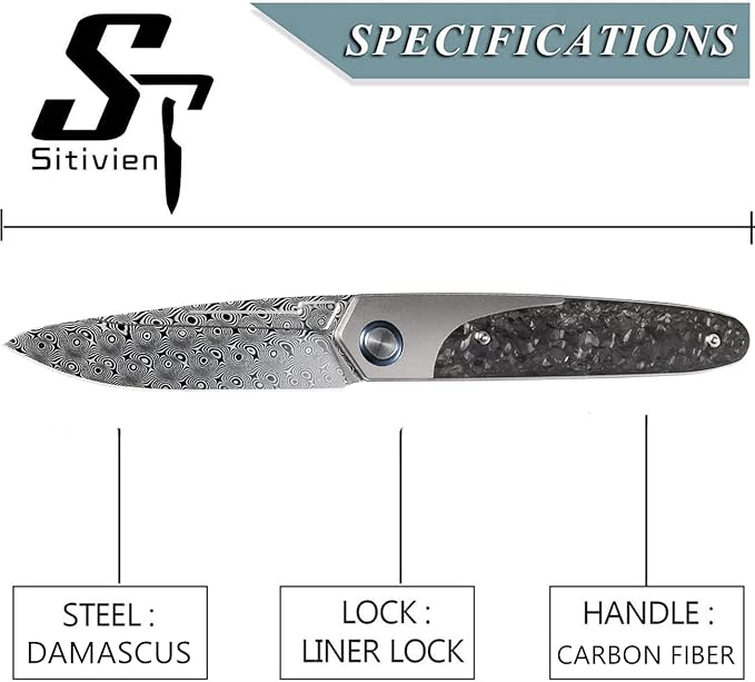 Sitivien ST245 Damascus Steel Folding Knives with Liner Lock, Ball Bearing,Titanium Carbon Fiber Handle EDC Damascus Knife for Men Women(Gray) … …