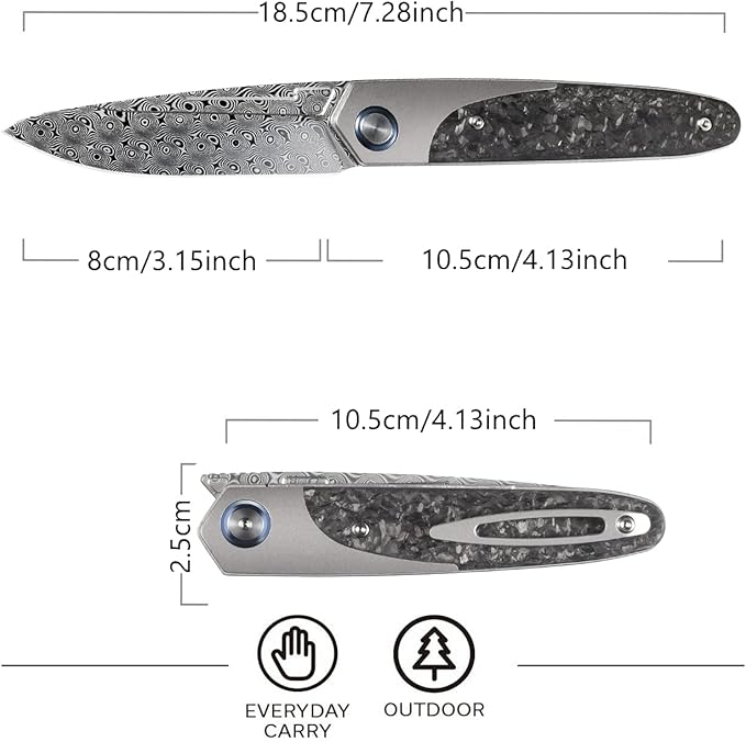 Sitivien ST245 Damascus Steel Folding Knives with Liner Lock, Ball Bearing,Titanium Carbon Fiber Handle EDC Damascus Knife for Men Women(Gray) … …