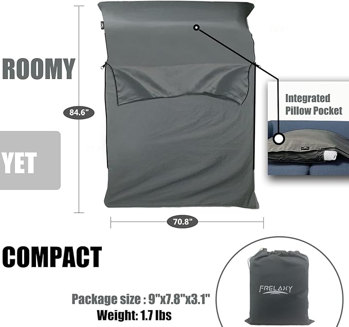 Frelaxy Sleeping Bag Liner, XL Travel Sheet & Camping Sheet for Backpacking, Hotel, Hostels & Traveling, Comfy & Easy Care, Full-Length Zipper/No Zipper