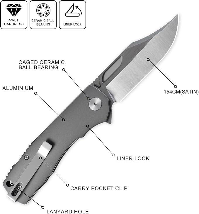 Petrified fish PFP03 Victor,3.58" 154CM Steel Satin Blade,4.8oz Aluminium Handle Flipper Liner lock Folding knife (Gray - A Satin)