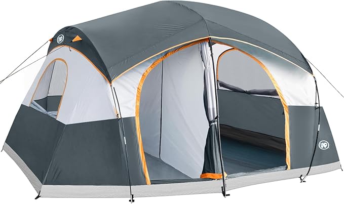 UNP Camping Tent 8/9 Person, Family Camping Tent, 5 Large Ventilation Mesh Windows, 14'x14'x78 inches Tall with Dividers Curtain for 2 Room