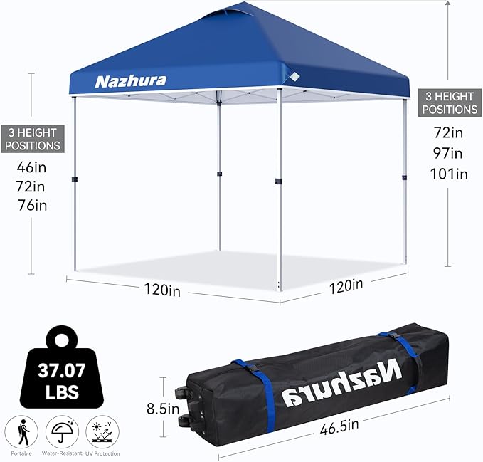 Nazhura 10' x 10' Pop Up Canopy Tent with Sand Weight Bag, Freestanding Sun Shelter for Picnic and Camping, One Person Setup and Height Adjustable (Blue)