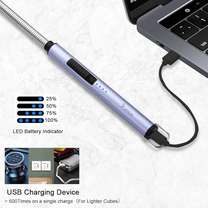 SUPRUS Electric Lighter Candle Lighter USB Type C Rechargeable Lighter Steel Shell & Hanging Hook with 360° Flexible Neck(Blue)