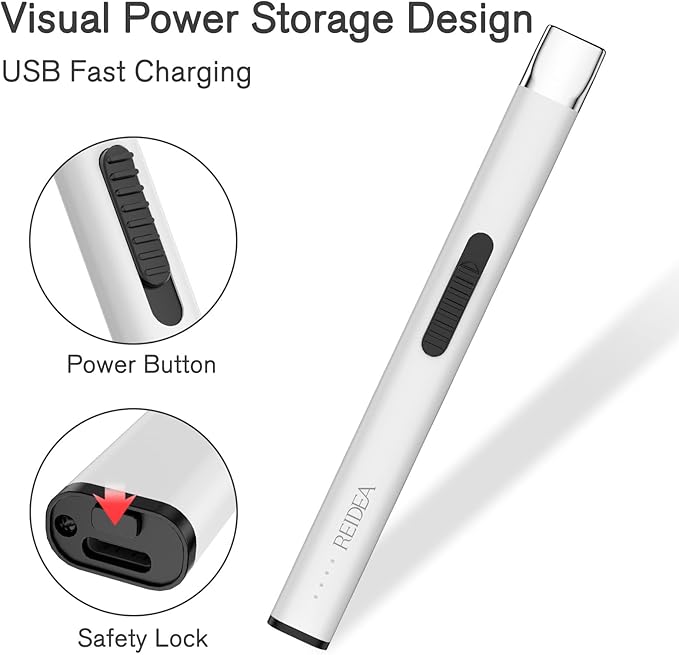 REIDEA Lighters 2 Pack R1 Flat Electronic Candle Lighter, Windproof Flameless USB Rechargeable Arc Lighter with Safe Button and Power Indicator for Candle, BBQ and Fireworks, White