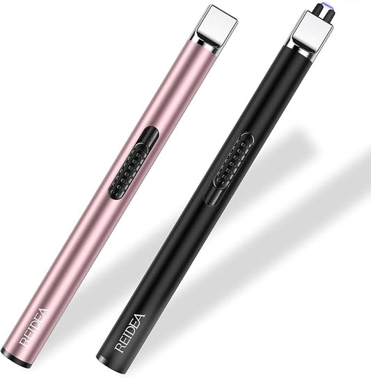 REIDEA Lighter S4 Electronic Candle Lighter USB Rechargeable with Security Lock, Windproof Fast Heat Sinking, Non-Slip Switch Electronic Lighter for Candle, Grill, Camping 2 Pack (Rose Gold + Black)