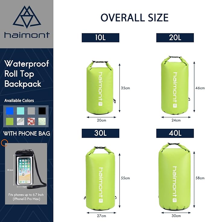 Haimont Waterproof Dry Bag Floating Dry Sack Roll Top Drybag Backpack for Kayaking, Rafting, Boating, SUP, Fishing with IPX8 Waterproof Phone Case, Love Bird Green, 40L