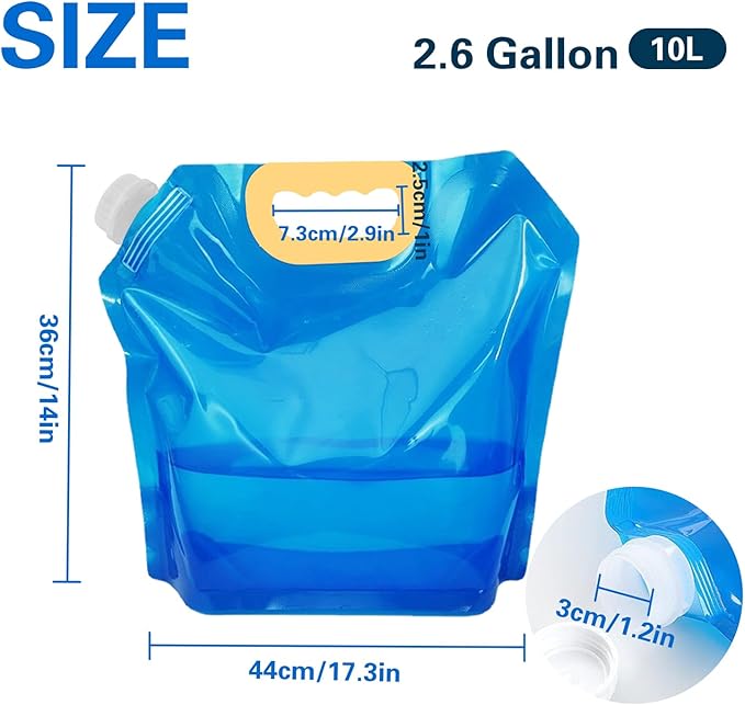 4 PCS Collapsible Water Container Bag 10L/2.6 Gallon, No-Leak Freezable Foldable Water Bottle, BPA Free Food Grade Plastic Storage Jug for Camping Hiking Travel Backpack Emergency Survival Kit