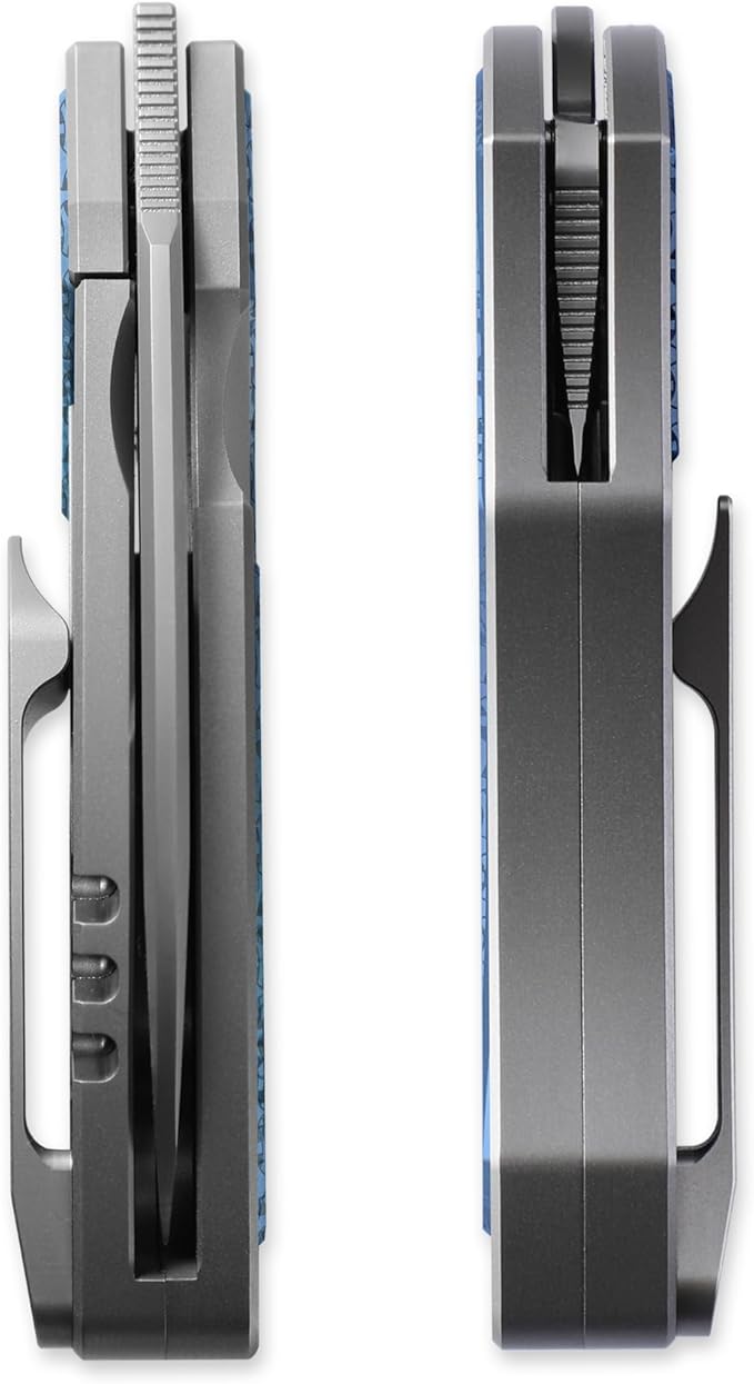 Knife Karasu Pocket Folding Knife,2.12" Grey Ceramic M390 Steel Blade Titanium Handle Front Flipper Knife,Small EDC Knife with Pocket Clip (Grayish Blue)