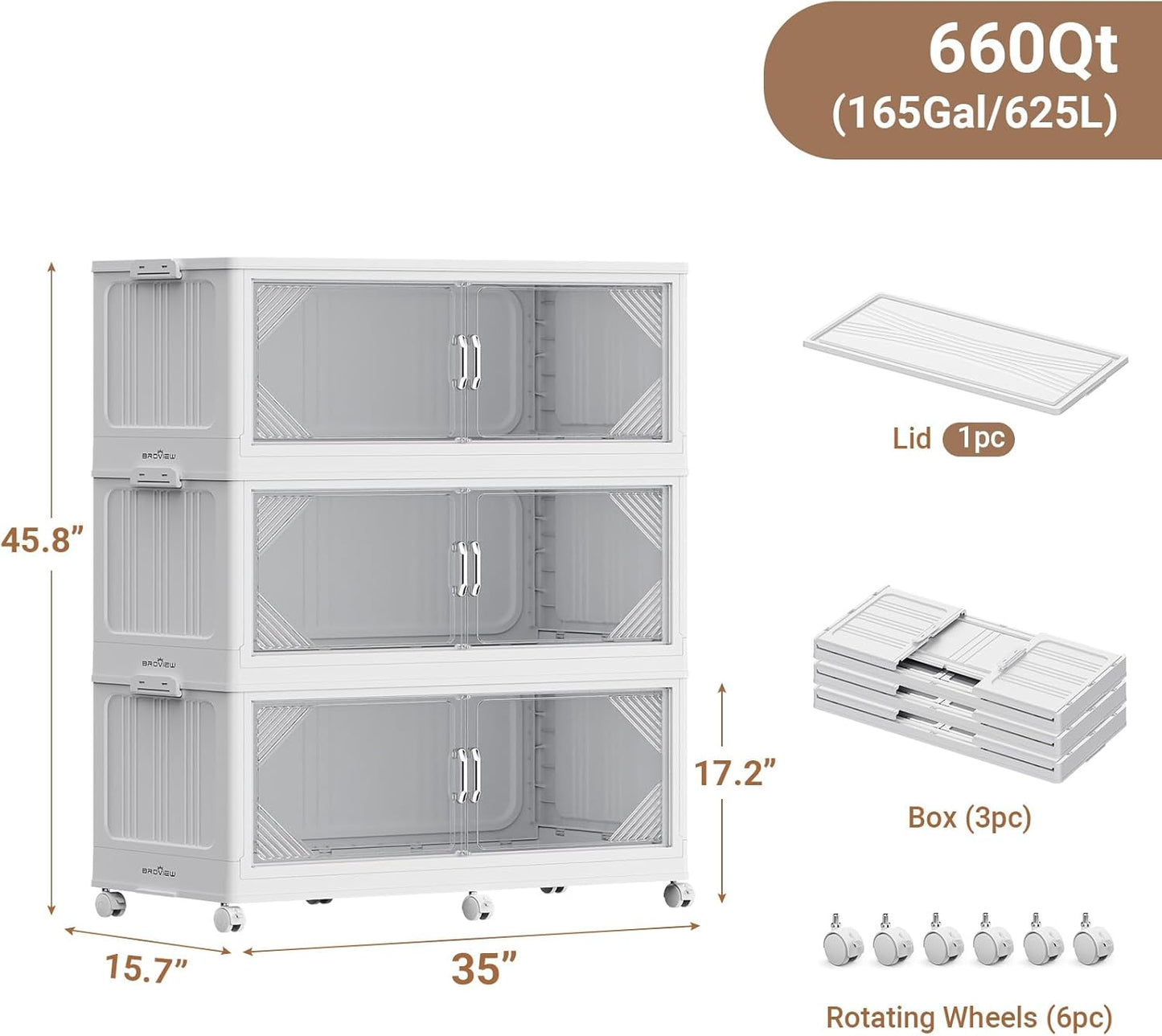 165Gal Plastic Stackable Storage Bins with Lid, 660QT Extra Large Closet Organizers Collapsible Cabinets Boxes With Drawers, Foldable Containers with 6x Wheels for Home Kitchen, V60 3Pack White