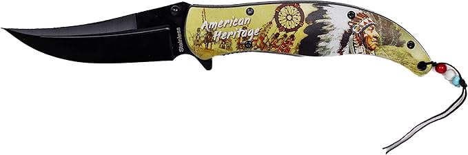 Folding Pocket Knife, 5 inch Stainless Steel Blade Pocket Knife With American celebration dreamcatcher Imprinted| American Heritage Collection| With Pocketclip For Camping, Fishing, Hiking, Gifts For Father, Husband