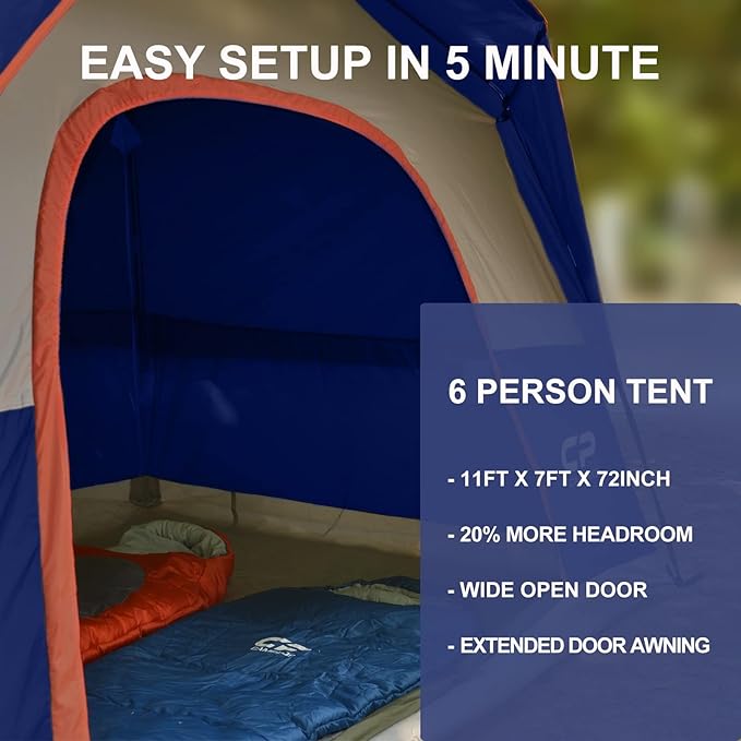 CAMPROS CP Tents for Camping 6 Person Waterproof Windproof Double Layer Family Camping Tent, Easy Setup Dome Tent with Large Mesh Windows & Wider Door for Outdoor Camping & Hiking