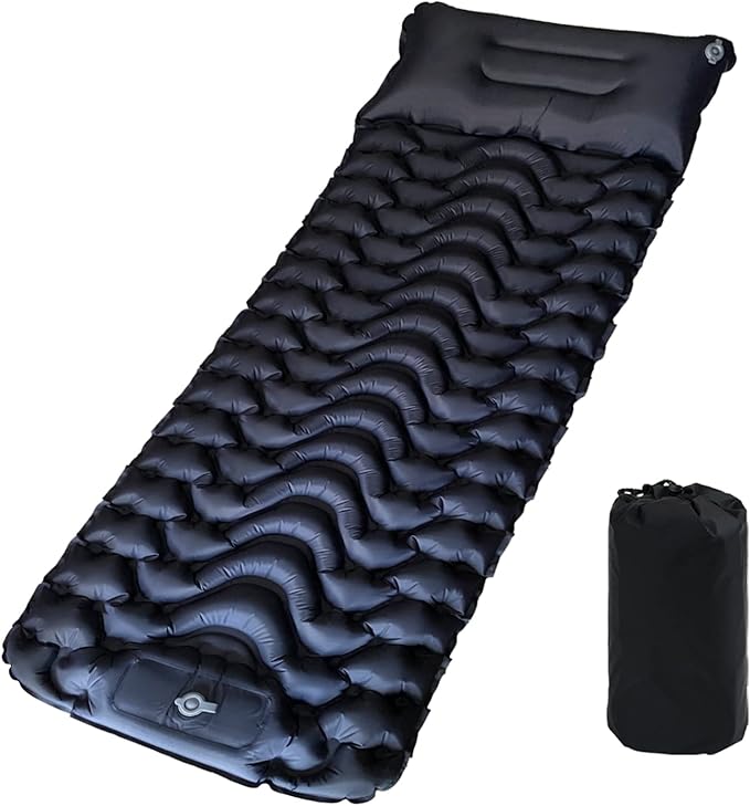 Ultralight Inflatable Sleeping Pad for Camping, Backpacking, Hiking, Travel, Built-In Step Inflating Air Pump, Integrated Pillow, Indoor Outdoor Firm Sleep Support, Compact and Portable, Black