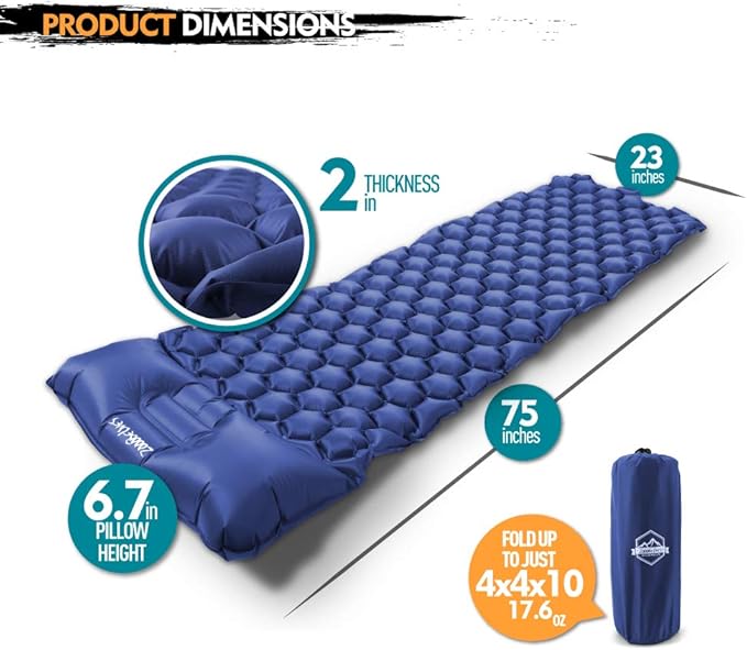 ZOOOBELIVES Ultralight Sleeping Pad with Built-in Pillow, Inflatable Camping Mattress for Backpacking, Traveling and Hiking, Compact and Portable Camp Mat