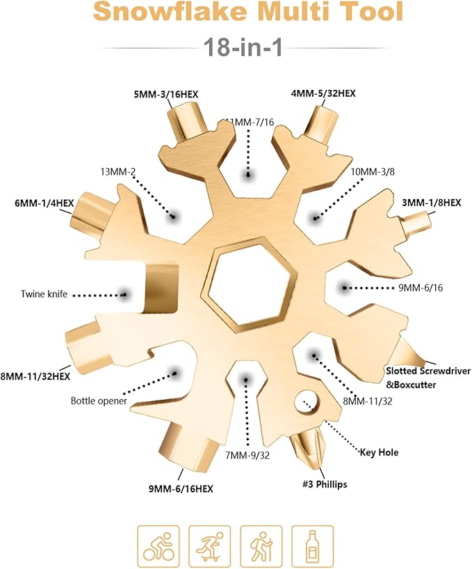 Snowflake Multitool, 2Pcs 18 in 1 Snowflake Multi tool Stainless Steel Snowflake Tool with Keyring(Gold)