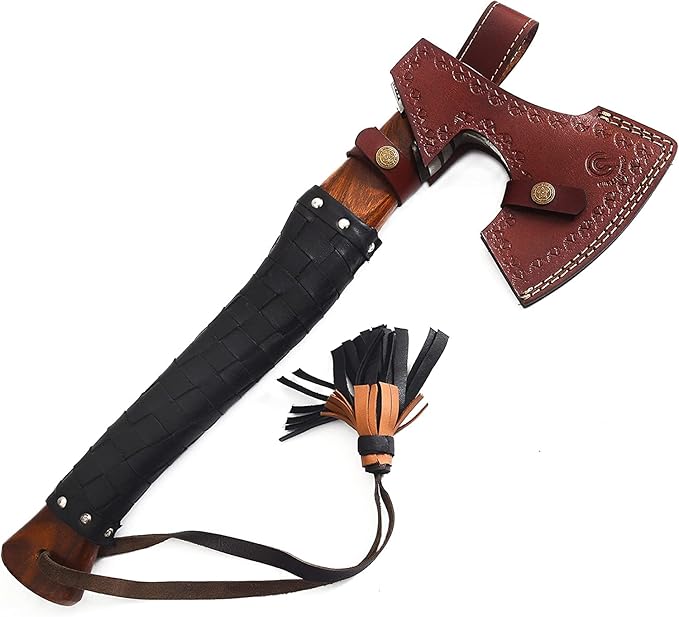 Bearded Axe Real Hatchet, Russian Valknut Wood Working Tool Viking Gift for Men for Outdoor Camping with Premium Leather Sheath (VH-01)
