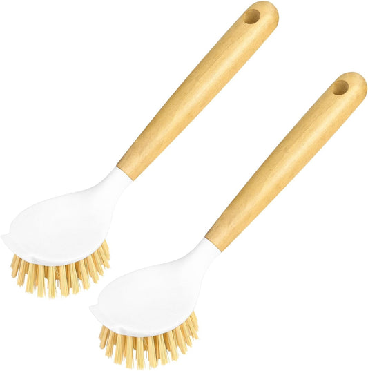 2 Pack Kitchen Scrub Brushes for Cleaning Dish Brush with Handle for Pans, Pots, Kitchen Sink Cleaning Scrub Brushes (Wooden Handle)