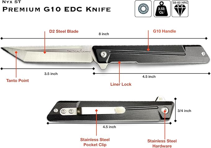 TACTICAL GEARZ EDC Pocket Folding Knife with G10 Handle - Tanto D2 Steel Blade (Nyx ST Black)