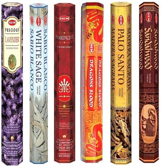 Hem Incense Sticks | 6 Boxes X 20 Sticks Each |Lavender,White Sage, Frankincense,Dragon Blood, Palo Santo & Sandalwood| - Total 120 Sticks