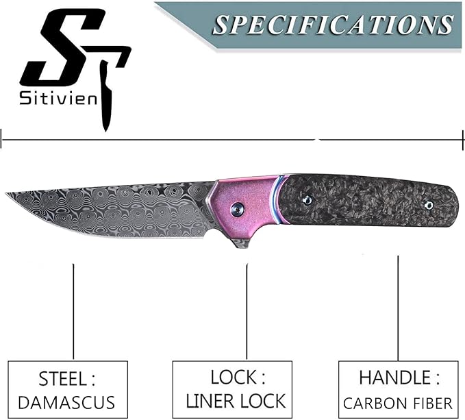 Sitivien ST252 Damascus Steel Folding Knife,Damascus Blade,Titanium Carbon Fiber Handle EDC Knife for Outdoor Camping Hiking(Pink) …