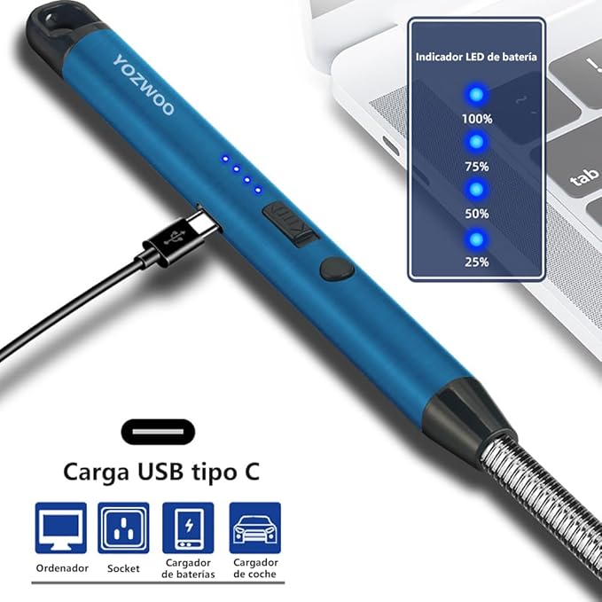 YOZWOO Electric Candle Lighter Plasma Flameless Electronic Lighter Arc Windproof USB Lighter Rechargeable Lighter with Safety Lock LED Battery Display for Camping, BBQ, Grill (Blue)
