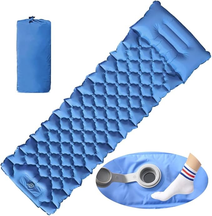 Sleeping Pad for Camping, Inflatable Sleeping Mat with Pillow, Camping Pad with Built-in Foot Pump, Lightweight Camping Mattress Pad for Car Camping, Backpacking, Tent and Hiking (Single (Blue))