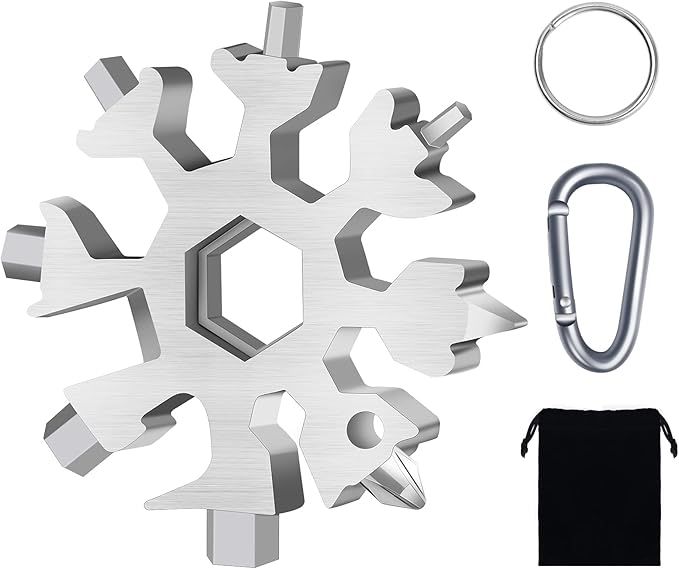 Snowflake Multitool, 1 Pieces 18-in-1 Stainless Steel Snowflake Standard Multitool, Snowflake Tool with Key Ring, Carabiner Clip and Gift Bag (Silver)