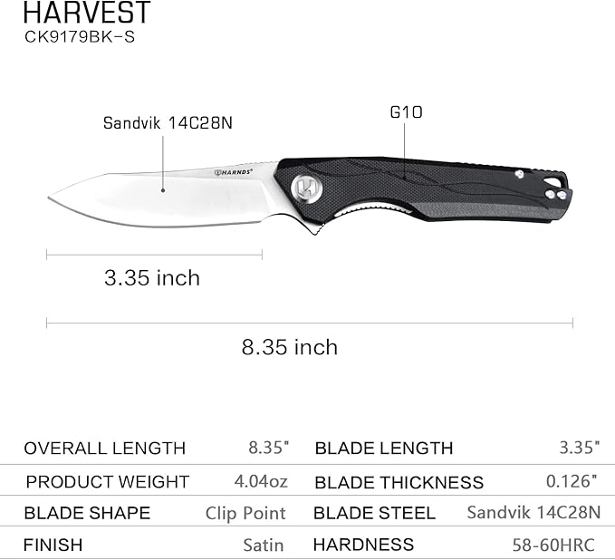 Harvest Pocket knife with Sandvik 14C28N Steel Folding Knife with G10 Handle for Camping Hunting Surviral (Black)