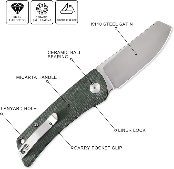Petrified fish PFE05 Flavorist,3.15" K110 Satin Blade, 94g Micarta Handle Front Flipper Liner lock Folding knife (Green)