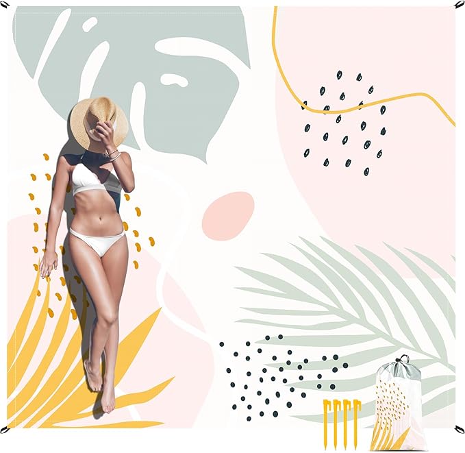 Waterproof Beach Blanket, 110''×118'' Extra Large Sand Free Beach Mat 4-8 Adults, Lightweight Portable Polyester Outdoor Picnic Blanket with 4 Stakes & 4 Corner Pockets for Camping, Travel