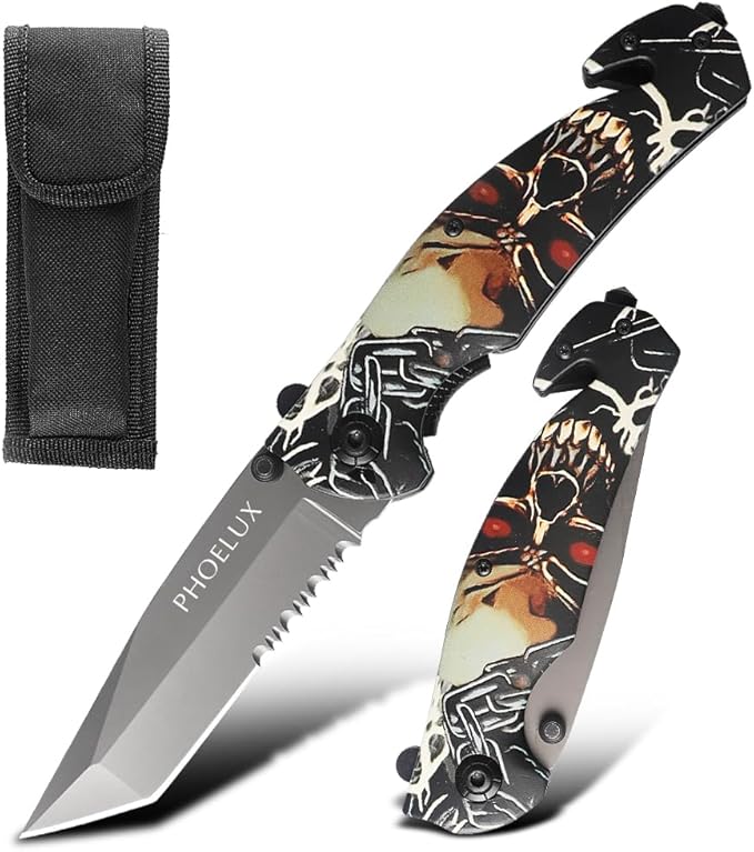 8.43" Pocket Folding Knife with Serrated Blade, Speed Spring Assisted Opening, Glass Breaker, Belt Cutter, Thumb Stud, Liner Lock and Pocket Clip, Good for Survival, Camping, Outdoor, Hunting