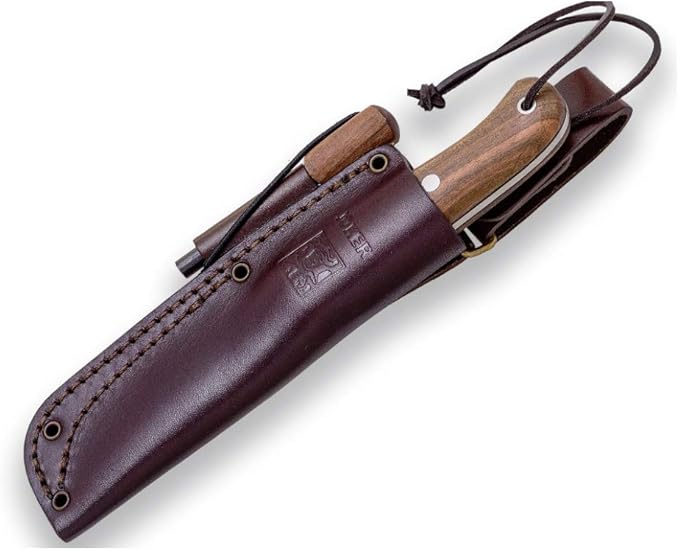 Joker BS9 Campero CN112-P Hunting Knife, Walnut Wood Handle, 10.5 cm Blade, Leather Sheath, with Flint, Fishing Tool, Hunting, Camping and Hiking