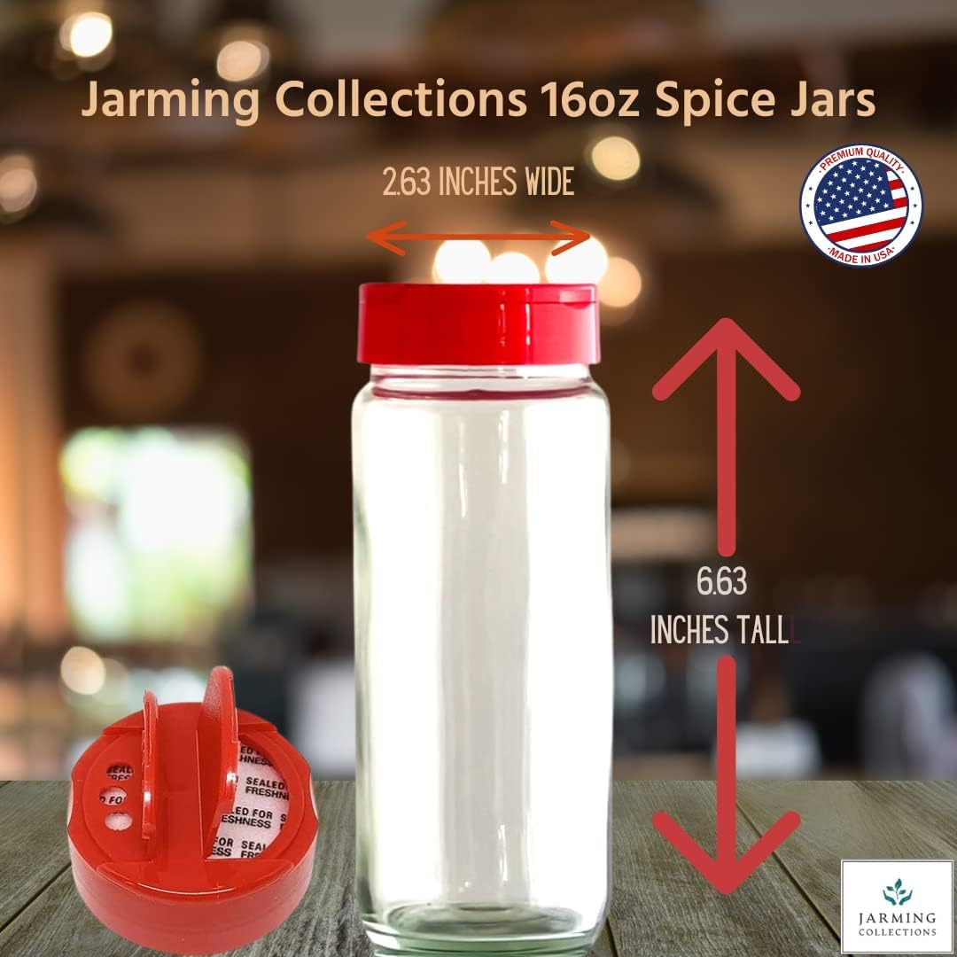 JARMING COLLECTIONS Glass Spice Jars with Shaker Lids - Spice Containers 16 oz Popcorn Seasoning Shaker or Parmesan Cheese, Cinnamon Sugar Dispenser