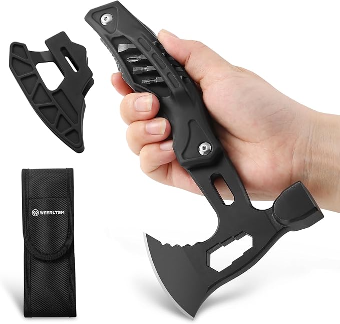 Camping Multitool Hatchet, 22 in 1 Super Hardened Stainless Steel Multitool Hammer Axe with Safety Locking, Upgrad Hidden Portable Camp Survival Hatchet Screwdriver Set with Nylon Sheath