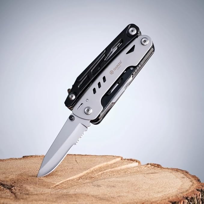 Ganzo G304 Full-sized Multitool, 21-in-1 Stainless Steel Pocket Knife with Screwdriver, Pliers with Sheath, Perfect for Outdoor, Survival, Camping, Hiking, Repair, EDC, Silver-black