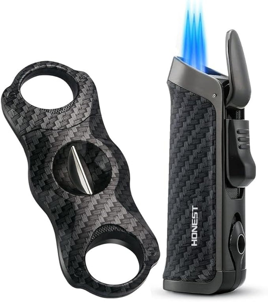 HONEST Triple Jet Torch Lighter Built-in Punch Visible Gas Window Refillable Gas Adjustable Flame Intensity Pocket Lighter Gift for Men BBQ Kitchen Fireplace Candle.Empty Without Gas (Lighter Cutter)